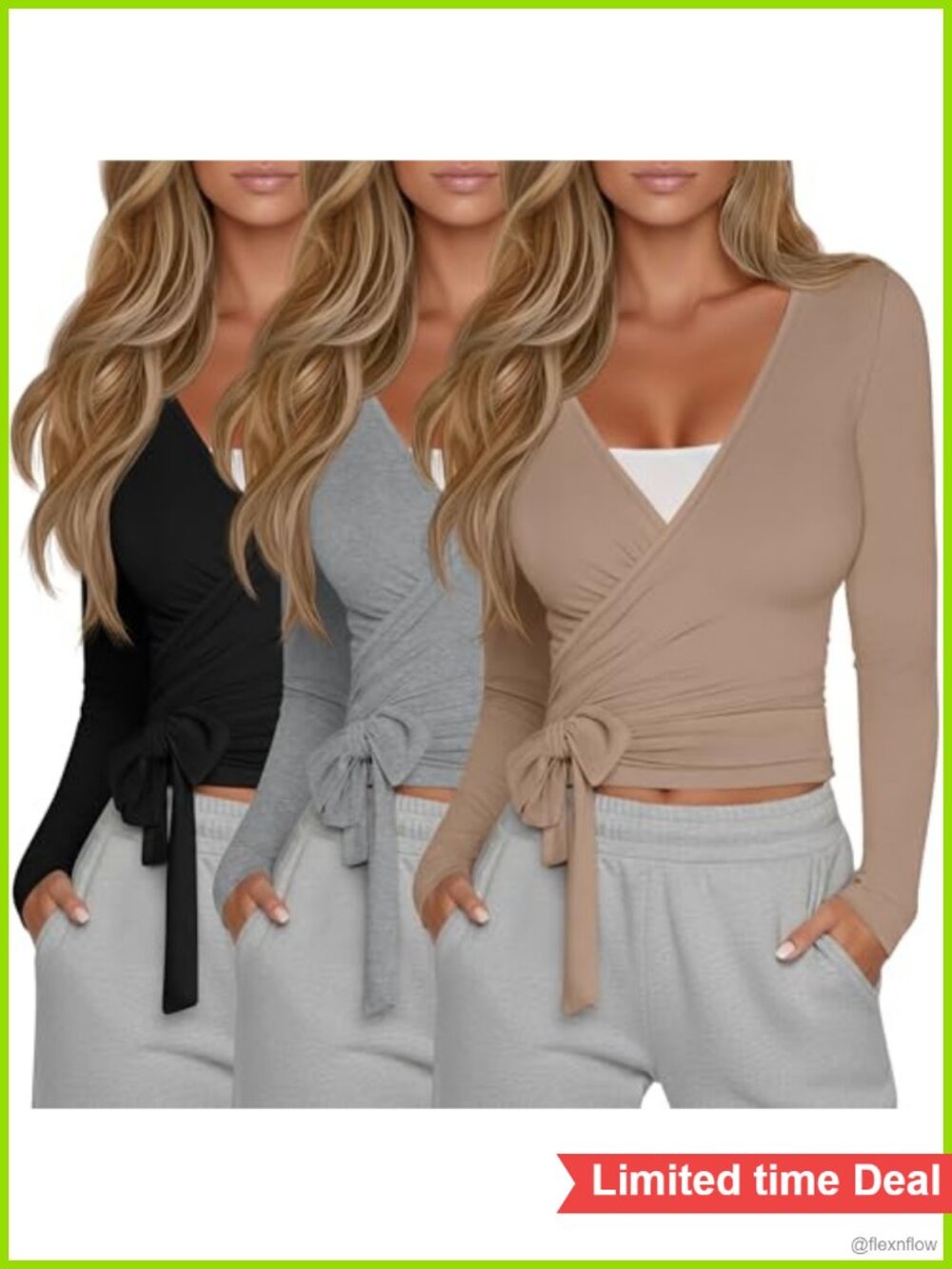 Womens Pilates Wrap Tops Ballet Tie Long Sleeve Workout Tops 3 Pack